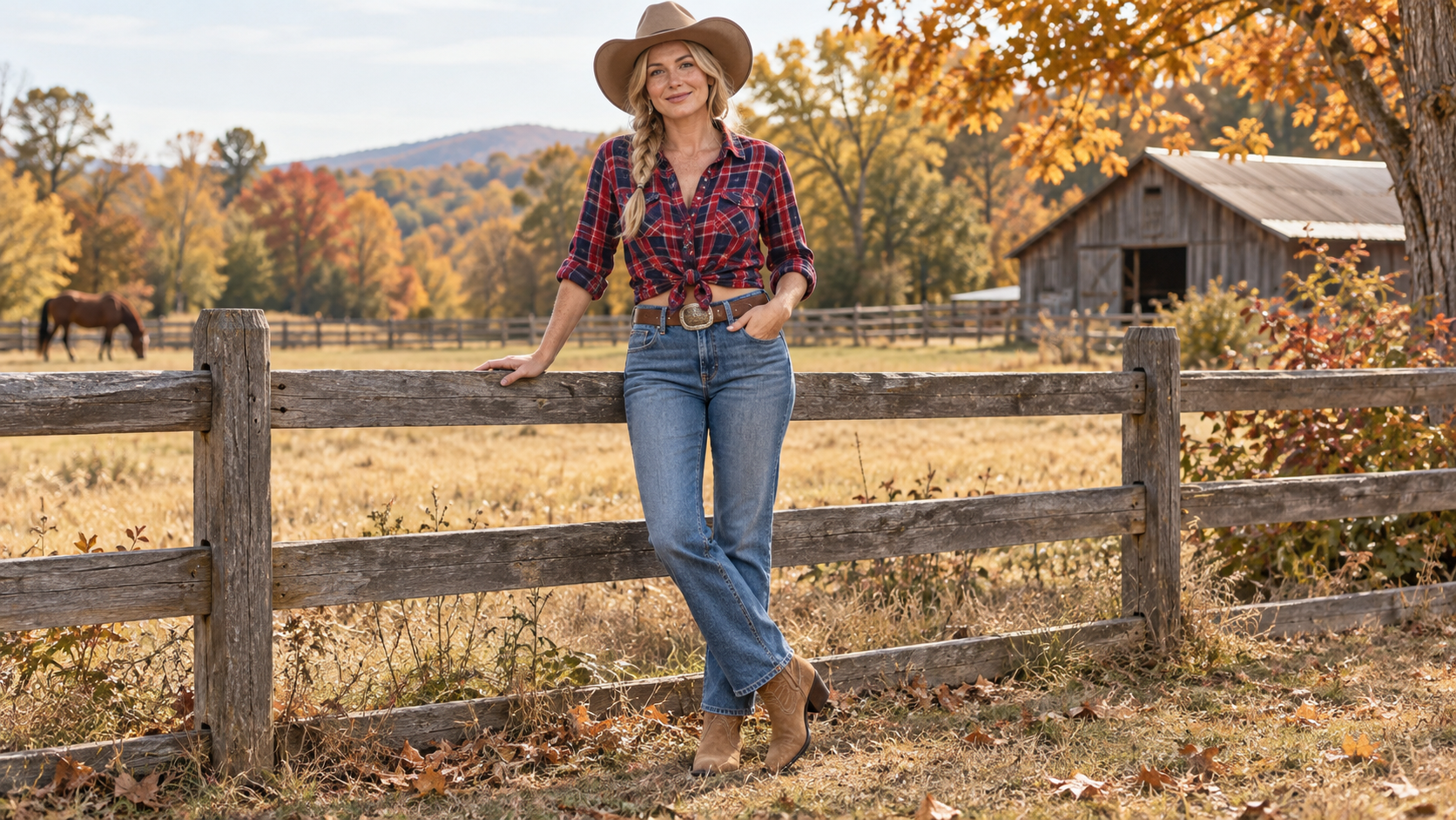 Blue Denim and Red Plaid Cowgirl Costume with Flannel and Western Hat